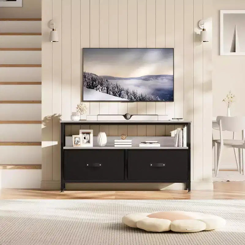 Meuble TV avec 2 tiroirs en tissu et étagère ouverte | Noir / Gris / Rétro | Convient aux téléviseurs de 32 à 50 pouces | Assemblage à 2 personnes