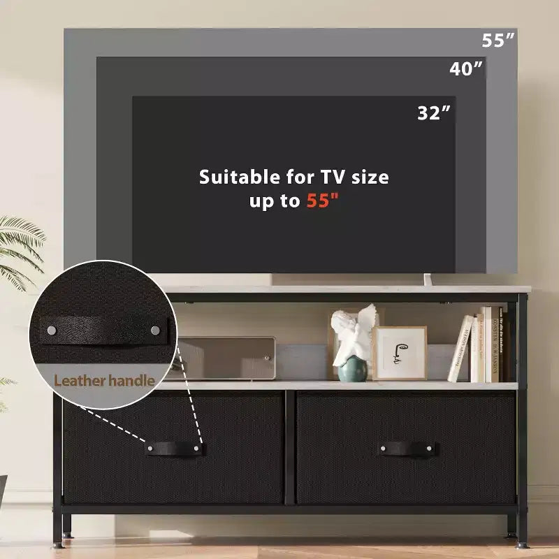 Meuble TV avec 2 tiroirs en tissu et étagère ouverte | Noir / Gris / Rétro | Convient aux téléviseurs de 32 à 50 pouces | Assemblage à 2 personnes