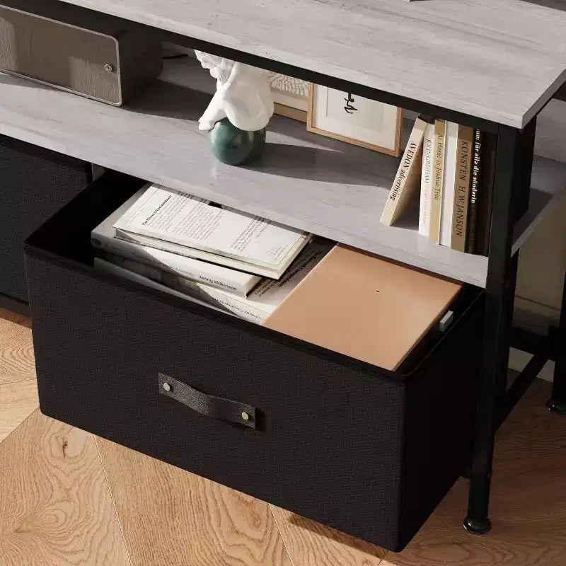 Meuble TV avec 2 tiroirs en tissu et étagère ouverte | Noir / Gris / Rétro | Convient aux téléviseurs de 32 à 50 pouces | Assemblage à 2 personnes