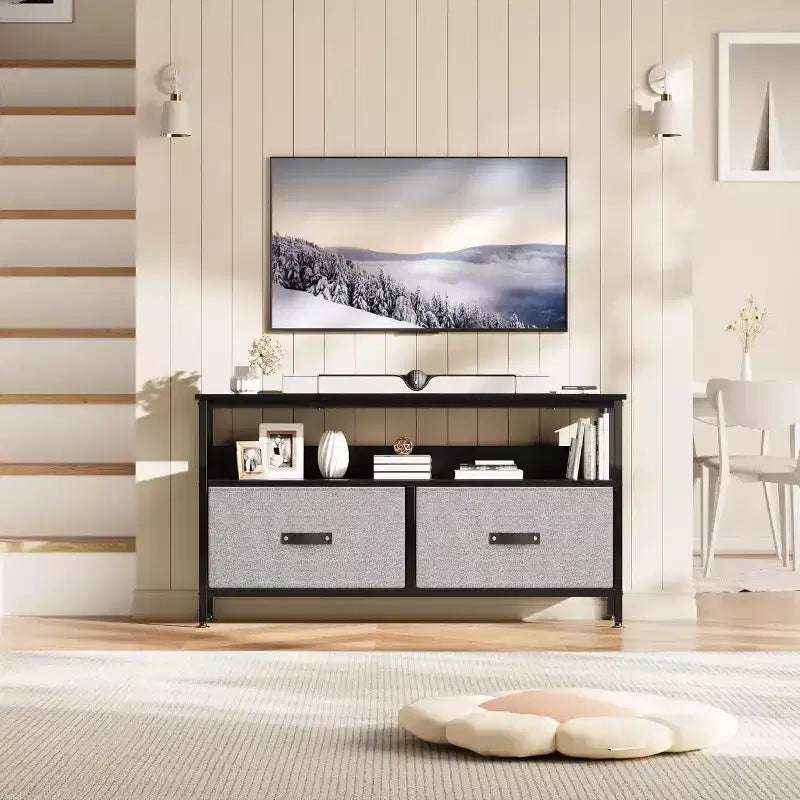Meuble TV avec 2 tiroirs en tissu et étagère ouverte | Noir / Gris / Rétro | Convient aux téléviseurs de 32 à 50 pouces | Assemblage à 2 personnes