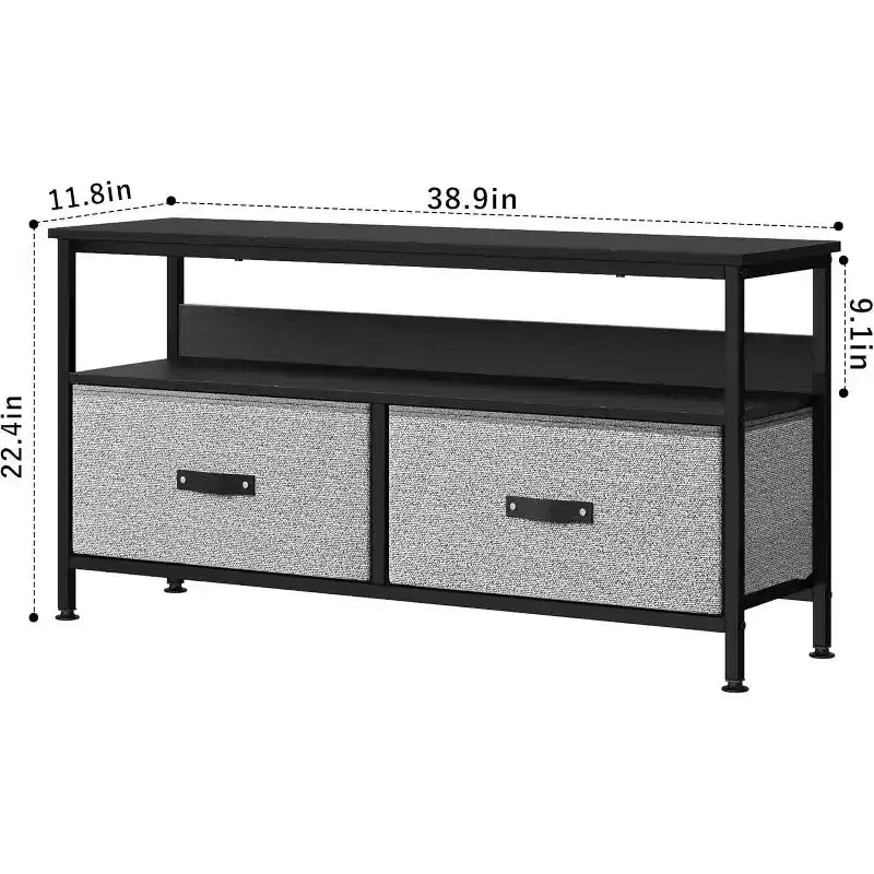 Meuble TV avec 2 tiroirs en tissu et étagère ouverte | Noir / Gris / Rétro | Convient aux téléviseurs de 32 à 50 pouces | Assemblage à 2 personnes