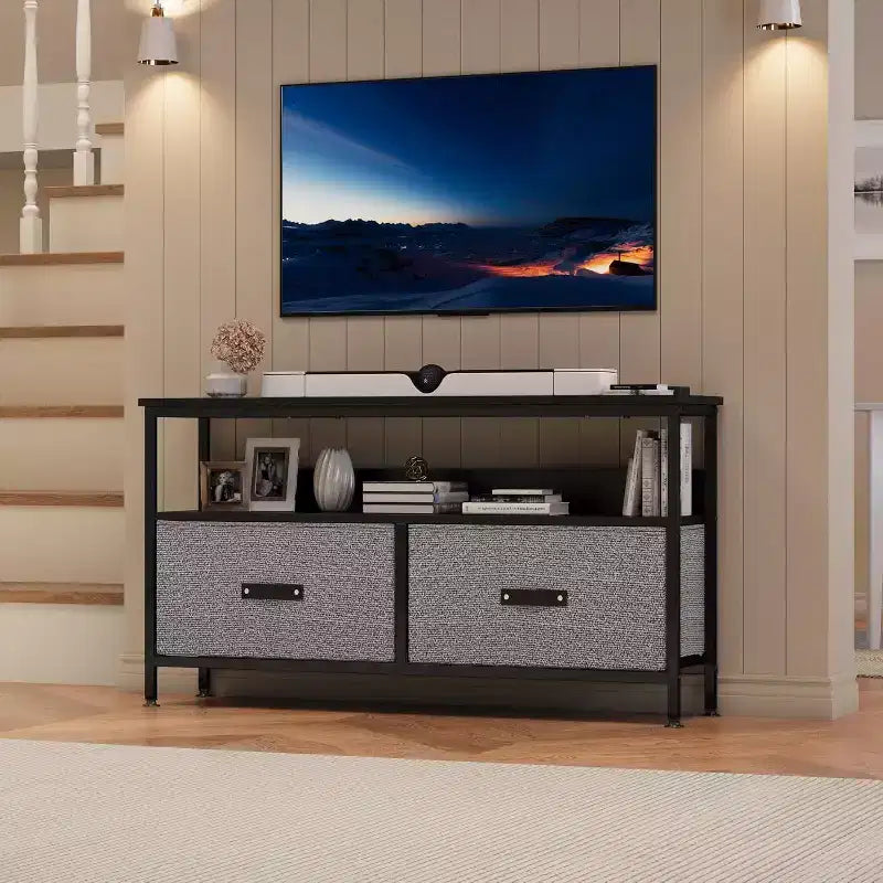 Meuble TV avec 2 tiroirs en tissu et étagère ouverte | Noir / Gris / Rétro | Convient aux téléviseurs de 32 à 50 pouces | Assemblage à 2 personnes