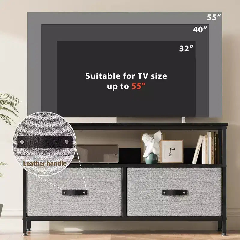 Meuble TV avec 2 tiroirs en tissu et étagère ouverte | Noir / Gris / Rétro | Convient aux téléviseurs de 32 à 50 pouces | Assemblage à 2 personnes