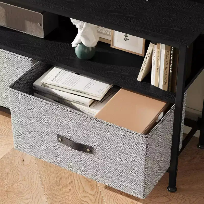 Meuble TV avec 2 tiroirs en tissu et étagère ouverte | Noir / Gris / Rétro | Convient aux téléviseurs de 32 à 50 pouces | Assemblage à 2 personnes