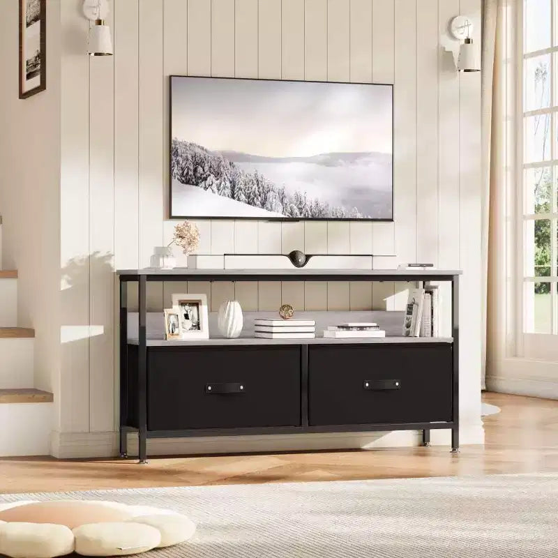 Meuble TV avec 2 tiroirs en tissu et étagère ouverte | Noir / Gris / Rétro | Convient aux téléviseurs de 32 à 50 pouces | Assemblage à 2 personnes