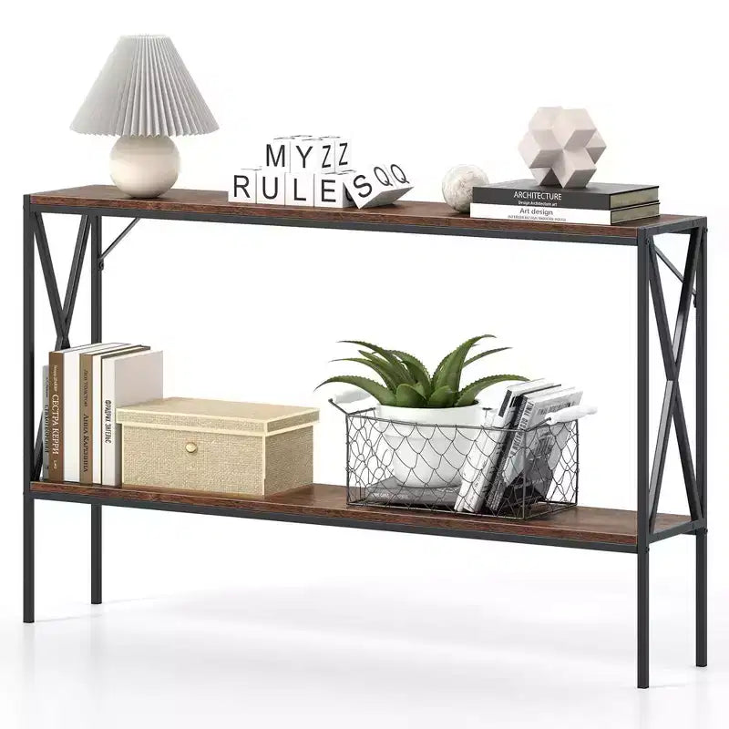 Console étroite à 2 niveaux marron/blanc – 119 cm (L) × 23 cm (l), cadre en métal, pour 1 personne