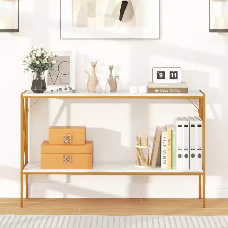 Console étroite à 2 niveaux marron/blanc – 119 cm (L) × 23 cm (l), cadre en métal, pour 1 personne