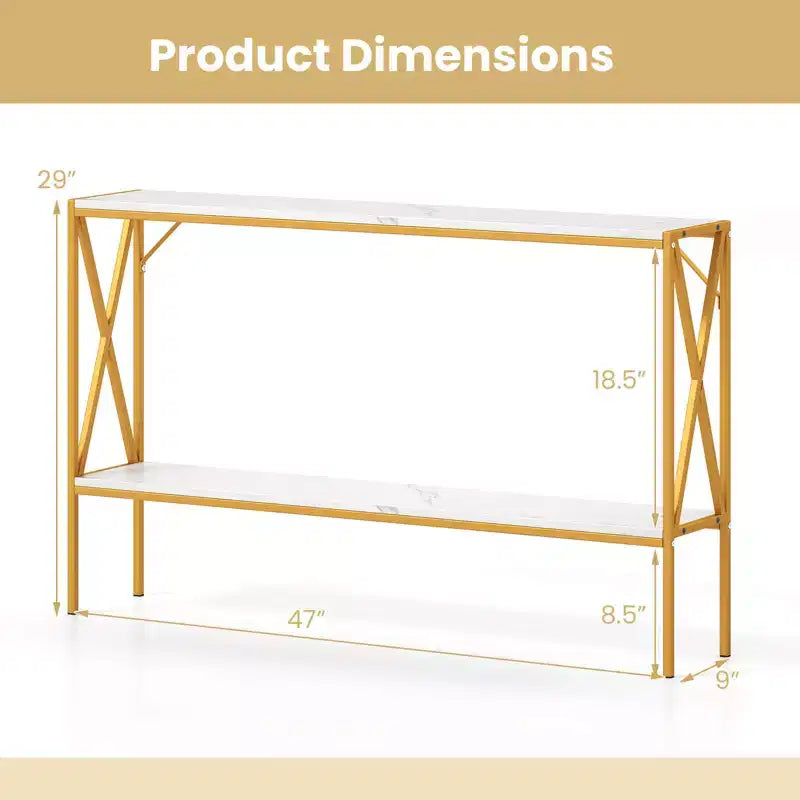 Console étroite à 2 niveaux marron/blanc – 119 cm (L) × 23 cm (l), cadre en métal, pour 1 personne