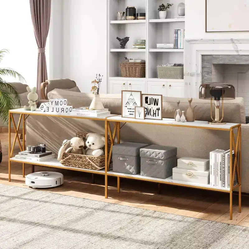 Console étroite à 2 niveaux marron/blanc – 119 cm (L) × 23 cm (l), cadre en métal, pour 1 personne