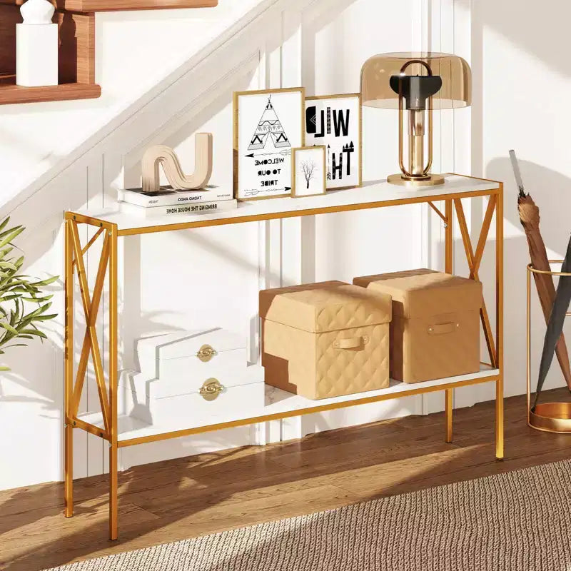 Console étroite à 2 niveaux marron/blanc – 119 cm (L) × 23 cm (l), cadre en métal, pour 1 personne