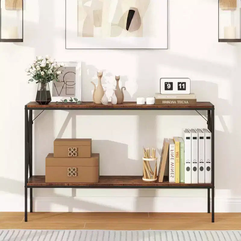 Console étroite à 2 niveaux marron/blanc – 119 cm (L) × 23 cm (l), cadre en métal, pour 1 personne