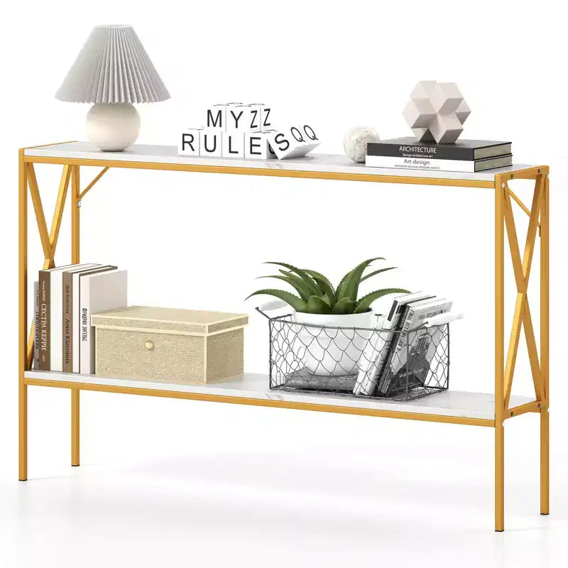 Console étroite à 2 niveaux marron/blanc – 119 cm (L) × 23 cm (l), cadre en métal, pour 1 personne
