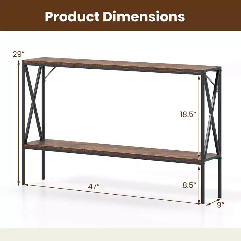 Console étroite à 2 niveaux marron/blanc – 119 cm (L) × 23 cm (l), cadre en métal, pour 1 personne
