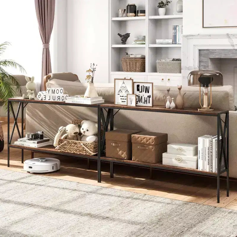 Console étroite à 2 niveaux marron/blanc – 119 cm (L) × 23 cm (l), cadre en métal, pour 1 personne