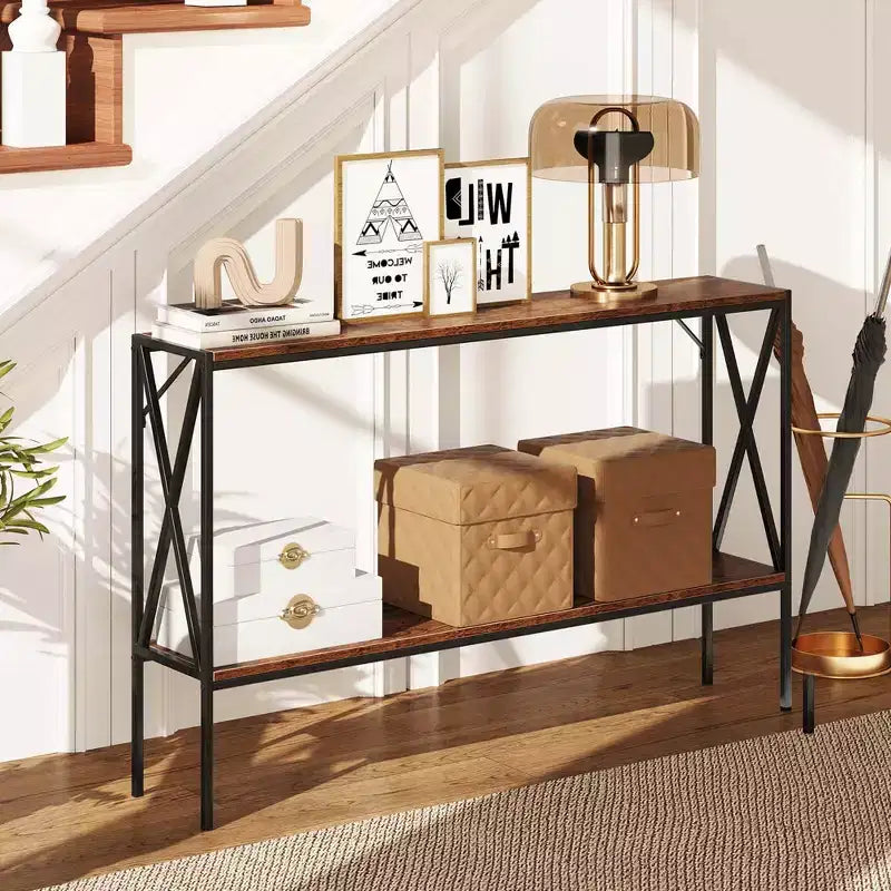 Console étroite à 2 niveaux marron/blanc – 119 cm (L) × 23 cm (l), cadre en métal, pour 1 personne