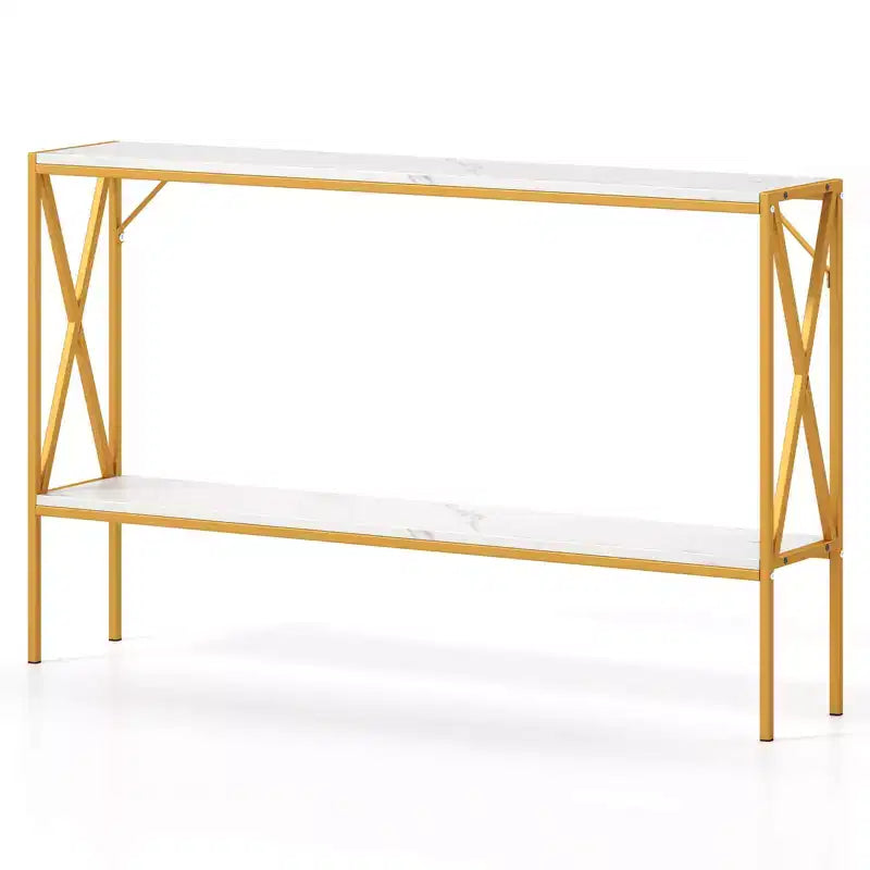Console étroite à 2 niveaux marron/blanc – 119 cm (L) × 23 cm (l), cadre en métal, pour 1 personne