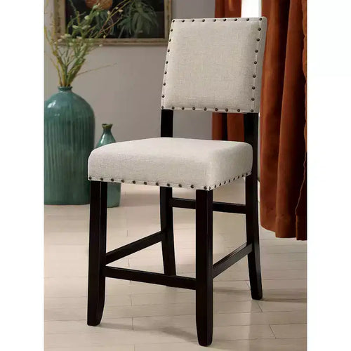 Chaises de comptoir en lin beige avec clous décoratifs, ensemble de 2