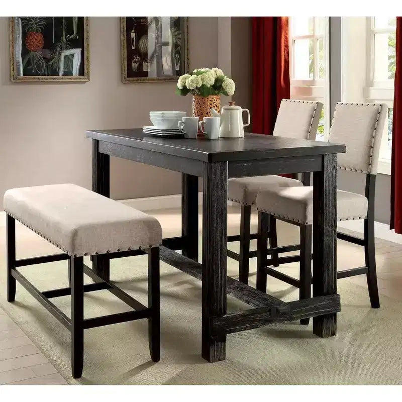 Chaises de comptoir en lin beige avec clous décoratifs, ensemble de 2