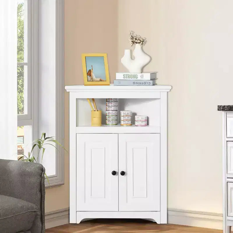 Meuble de rangement d'angle blanc à 3 niveaux avec 2 portes – Montage par 1 personne
