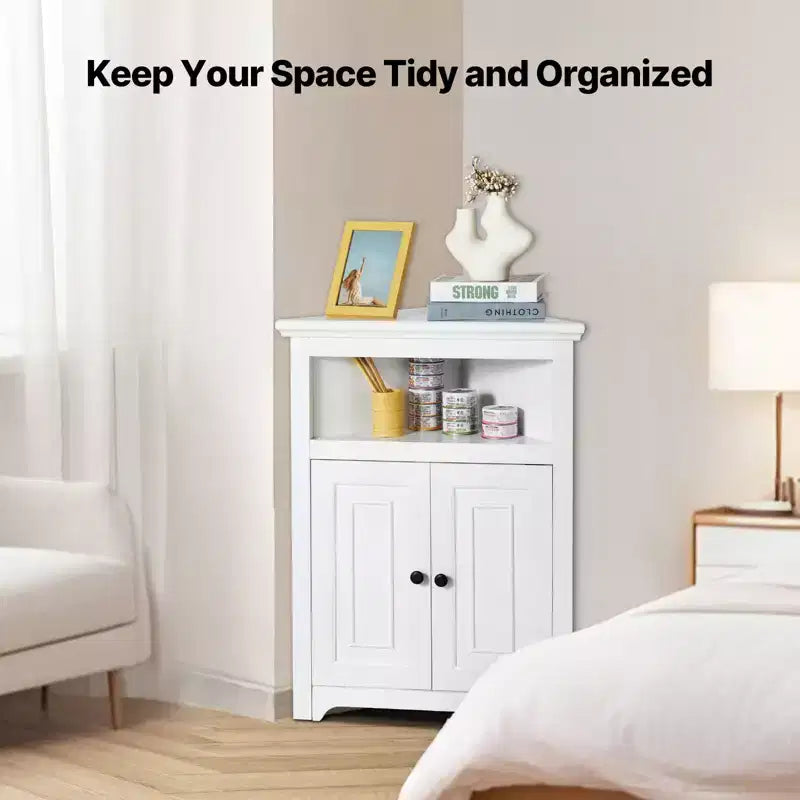 Meuble de rangement d'angle blanc à 3 niveaux avec 2 portes – Montage par 1 personne