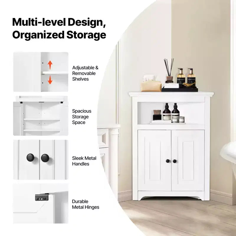 Meuble de rangement d'angle blanc à 3 niveaux avec 2 portes – Montage par 1 personne