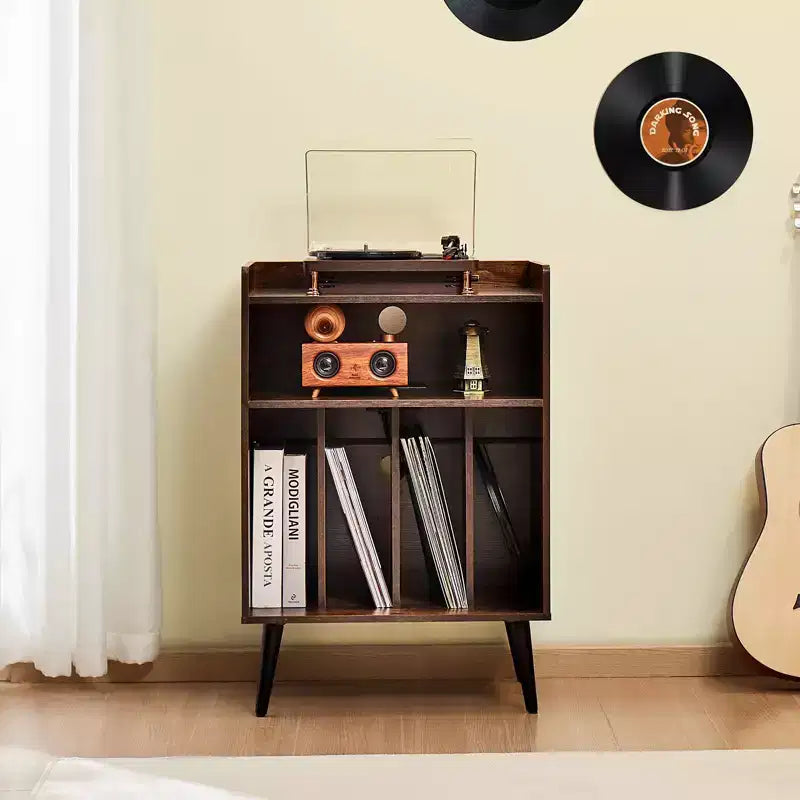 Meuble pour platine vinyle VEVOR avec lumière, support 3 niveaux pour platine avec station de charge et ports USB, pouvant contenir jusqu'à 150 albums, marron