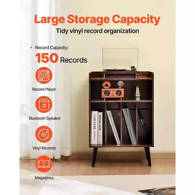 Meuble pour platine vinyle VEVOR avec lumière, support 3 niveaux pour platine avec station de charge et ports USB, pouvant contenir jusqu'à 150 albums, marron