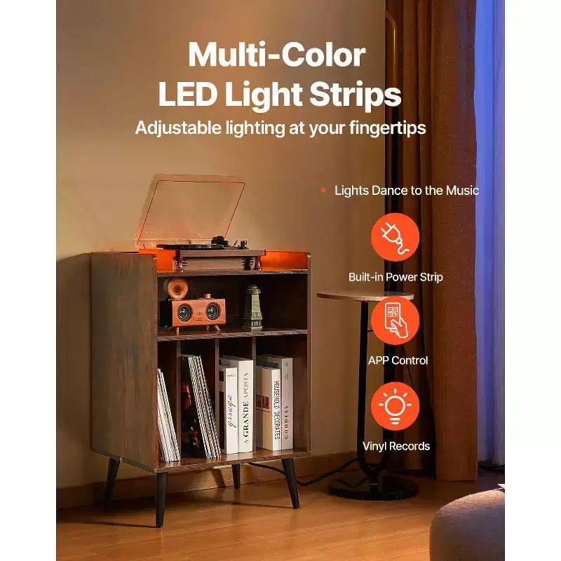 Meuble pour platine vinyle VEVOR avec lumière, support 3 niveaux pour platine avec station de charge et ports USB, pouvant contenir jusqu'à 150 albums, marron