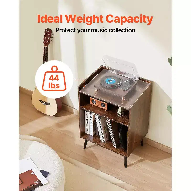 Meuble pour platine vinyle VEVOR avec lumière, support 3 niveaux pour platine avec station de charge et ports USB, pouvant contenir jusqu'à 150 albums, marron