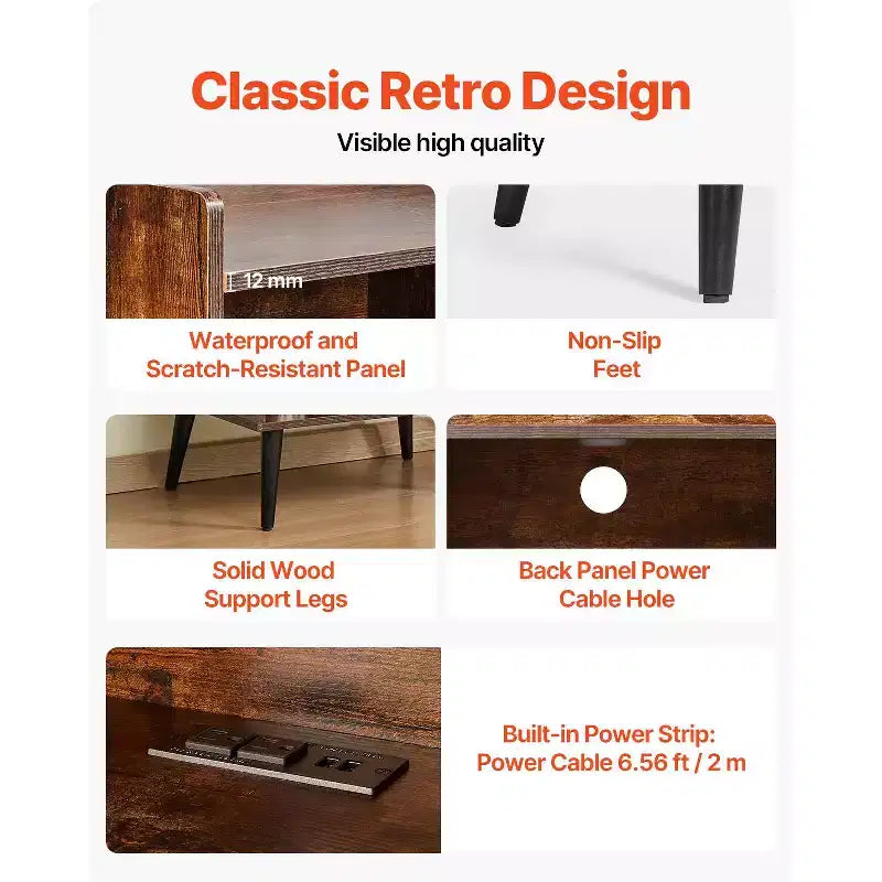 Meuble pour platine vinyle VEVOR avec lumière, support 3 niveaux pour platine avec station de charge et ports USB, pouvant contenir jusqu'à 150 albums, marron