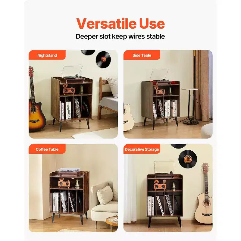 Meuble pour platine vinyle VEVOR avec lumière, support 3 niveaux pour platine avec station de charge et ports USB, pouvant contenir jusqu'à 150 albums, marron