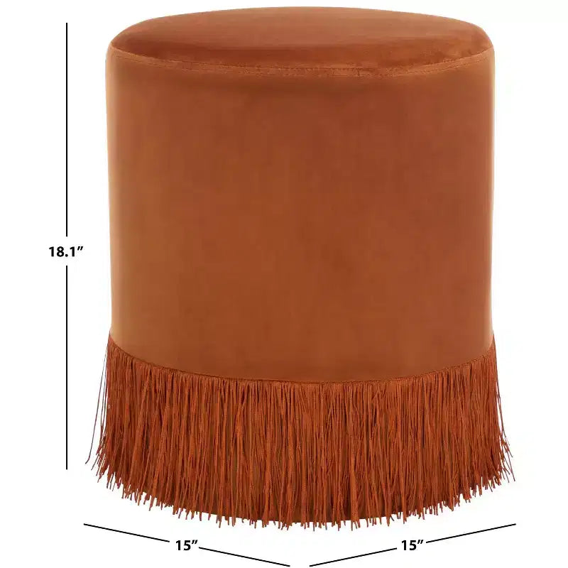 Ottoman rond en velours, coloris ivoire et rouille, avec pompon, 1 place