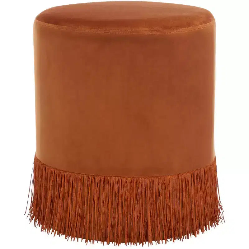Ottoman rond en velours, coloris ivoire et rouille, avec pompon, 1 place