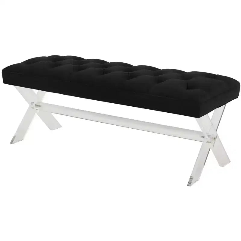 Banc en velours capitonné noir – Pieds en acrylique transparent, 2 places