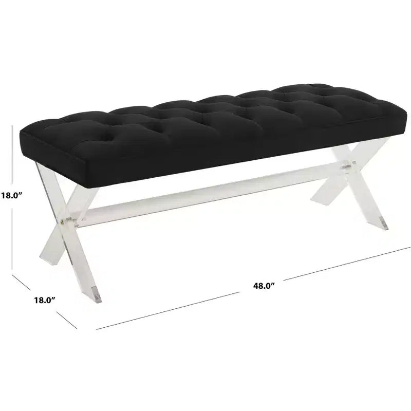 Banc en velours capitonné noir – Pieds en acrylique transparent, 2 places