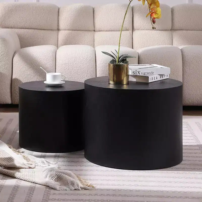 Tables d'appoint gigognes cylindriques effet bois, lot de 2 – Crème / Noir mat / Chêne / Noyer / Blanc