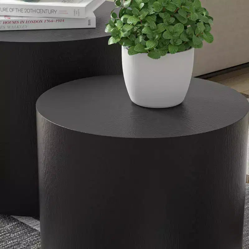 Tables d'appoint gigognes cylindriques effet bois, lot de 2 – Crème / Noir mat / Chêne / Noyer / Blanc