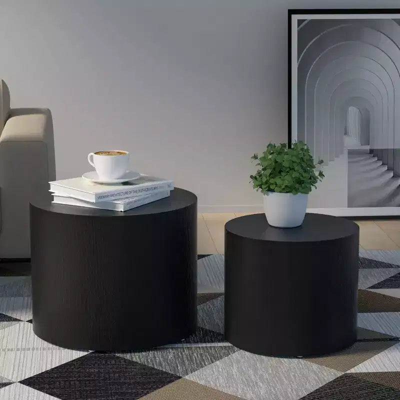 Tables d'appoint gigognes cylindriques effet bois, lot de 2 – Crème / Noir mat / Chêne / Noyer / Blanc