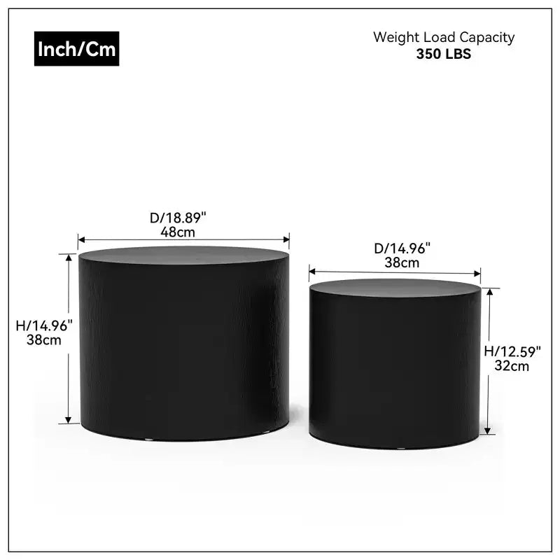 Tables d'appoint gigognes cylindriques effet bois, lot de 2 – Crème / Noir mat / Chêne / Noyer / Blanc