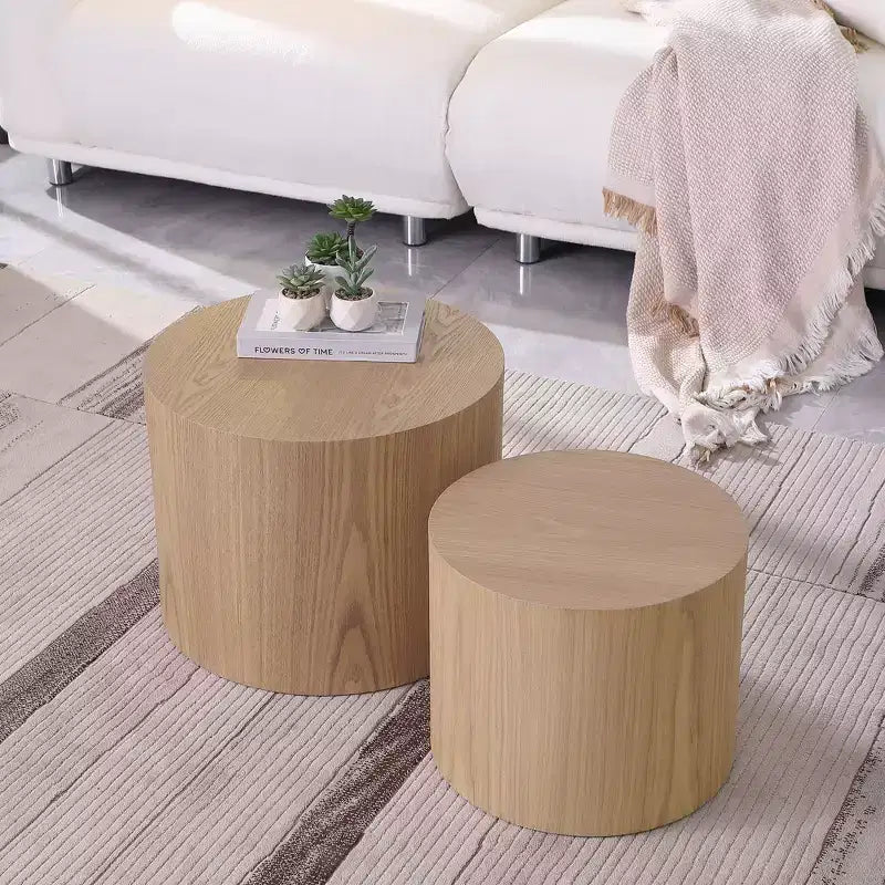 Tables d'appoint gigognes cylindriques effet bois, lot de 2 – Crème / Noir mat / Chêne / Noyer / Blanc