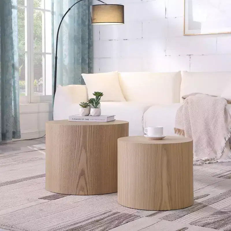 Tables d'appoint gigognes cylindriques effet bois, lot de 2 – Crème / Noir mat / Chêne / Noyer / Blanc