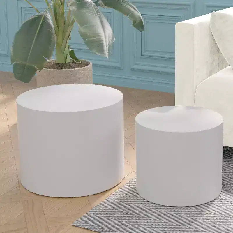 Tables d'appoint gigognes cylindriques effet bois, lot de 2 – Crème / Noir mat / Chêne / Noyer / Blanc