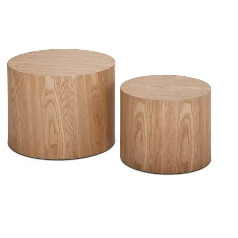Tables d'appoint gigognes cylindriques effet bois, lot de 2 – Crème / Noir mat / Chêne / Noyer / Blanc
