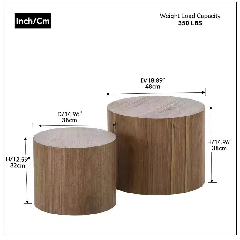 Tables d'appoint gigognes cylindriques effet bois, lot de 2 – Crème / Noir mat / Chêne / Noyer / Blanc
