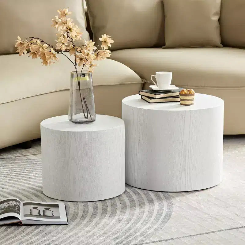 Tables d'appoint gigognes cylindriques effet bois, lot de 2 – Crème / Noir mat / Chêne / Noyer / Blanc