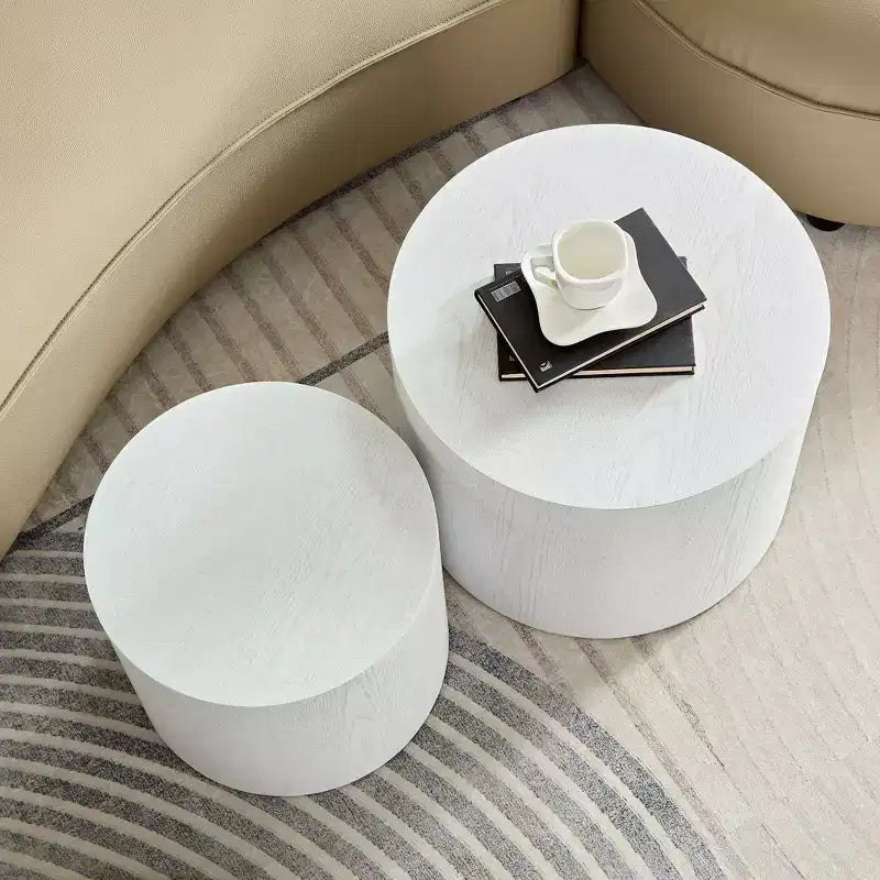 Tables d'appoint gigognes cylindriques effet bois, lot de 2 – Crème / Noir mat / Chêne / Noyer / Blanc