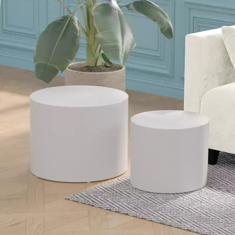 Tables d'appoint gigognes cylindriques effet bois, lot de 2 – Crème / Noir mat / Chêne / Noyer / Blanc