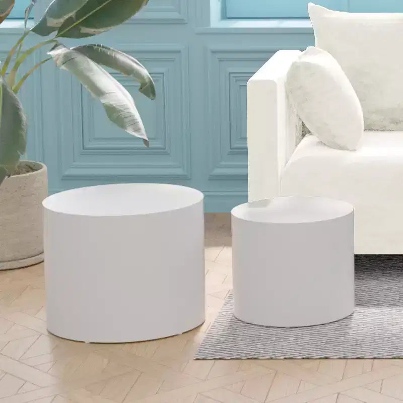 Tables d'appoint gigognes cylindriques effet bois, lot de 2 – Crème / Noir mat / Chêne / Noyer / Blanc