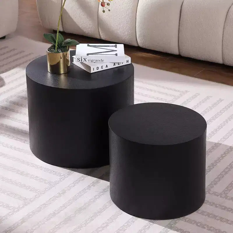Tables d'appoint gigognes cylindriques effet bois, lot de 2 – Crème / Noir mat / Chêne / Noyer / Blanc