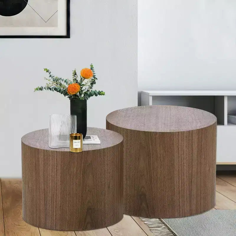 Tables d'appoint gigognes cylindriques effet bois, lot de 2 – Crème / Noir mat / Chêne / Noyer / Blanc